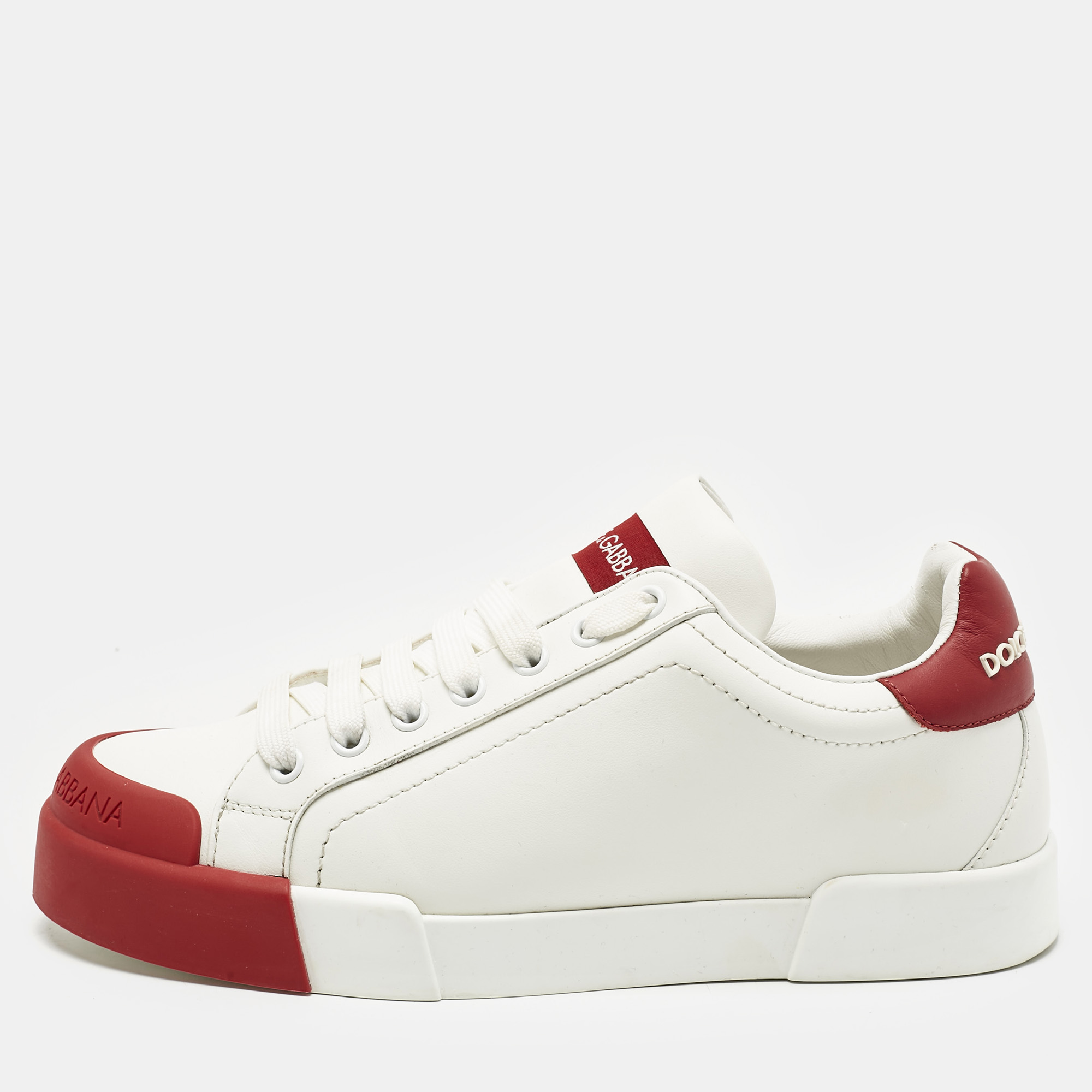 

Dolce & Gabbana White/Red Leather and Rubber Toe Portofino Low Top Sneakers Size 39