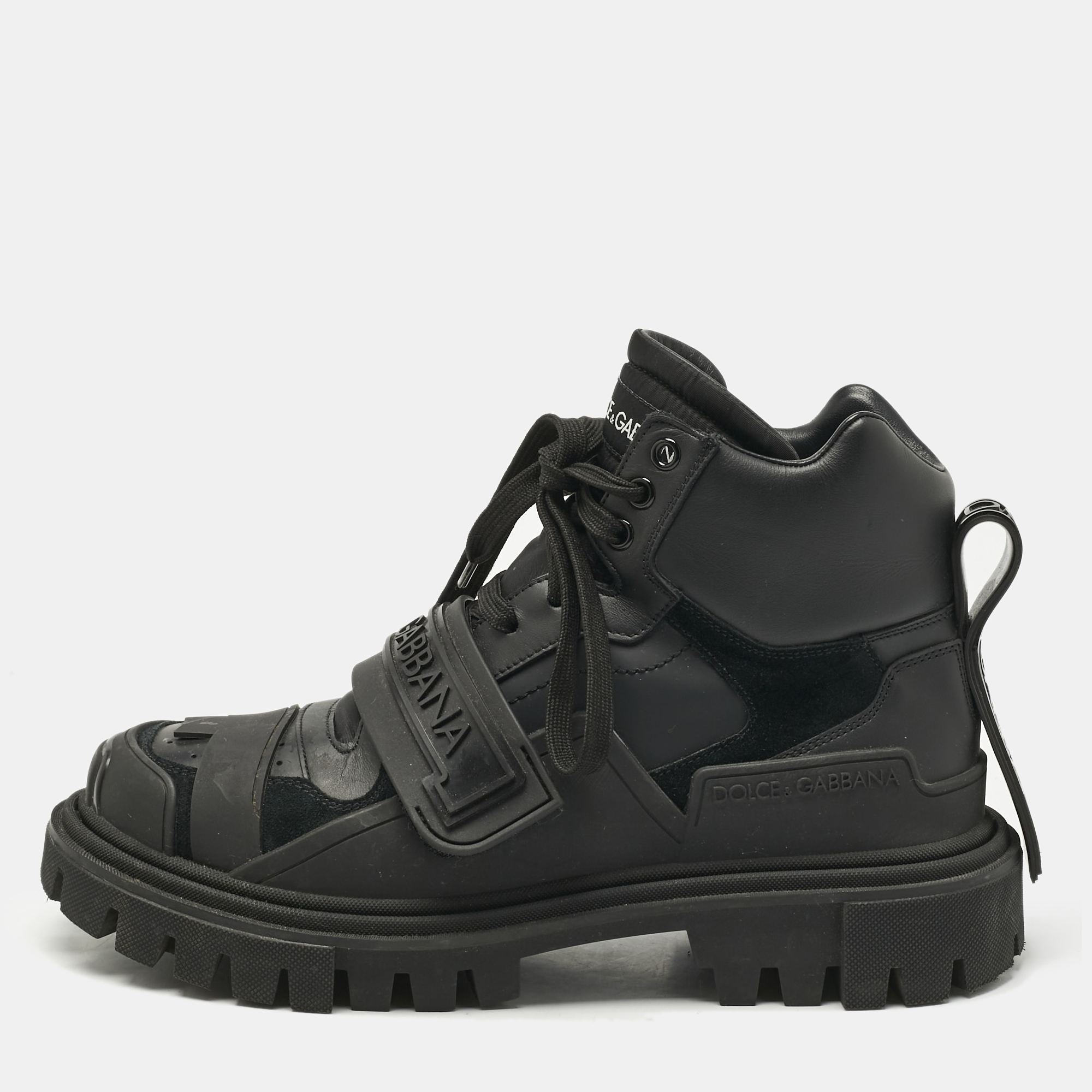 

Dolce & Gabbana Black Leather and Rubber Logo Strappy Trekking Boots Size