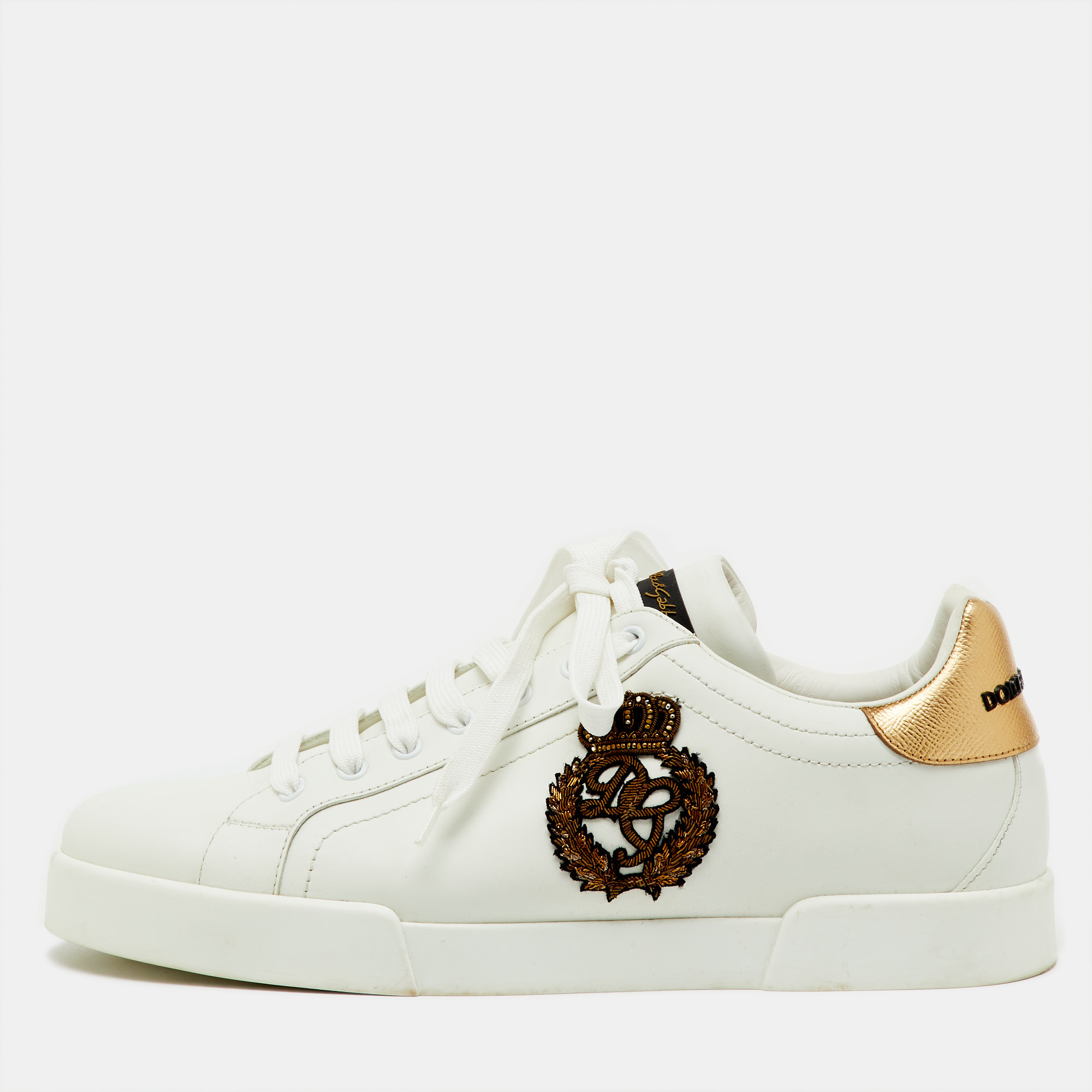 Pre-owned Dolce & Gabbana White/gold Leather Crown Patch Portofino Low Top Sneakers Size 44.5