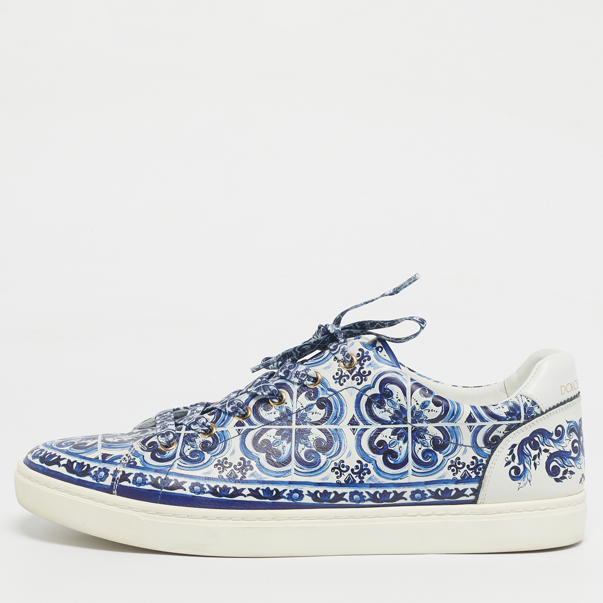 

Dolce & Gabbana Blue/White Leather Majolica Print Portofino Low Top Sneakers Size 44