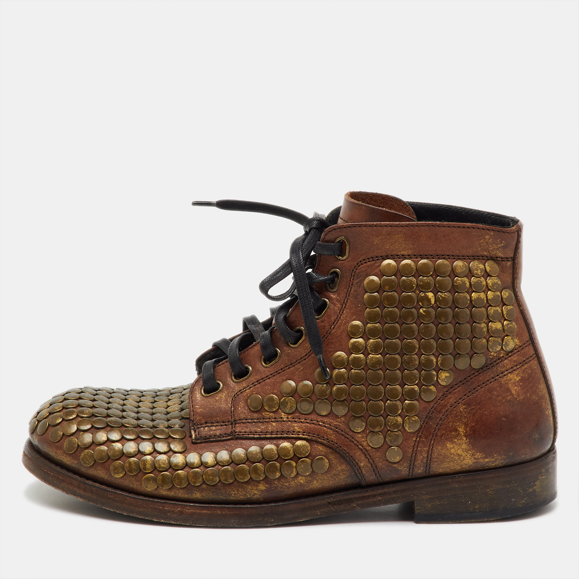 

Dolce & Gabbana Brown Leather Runway Studs Cortina Lace Up Ankle Boots Size 41