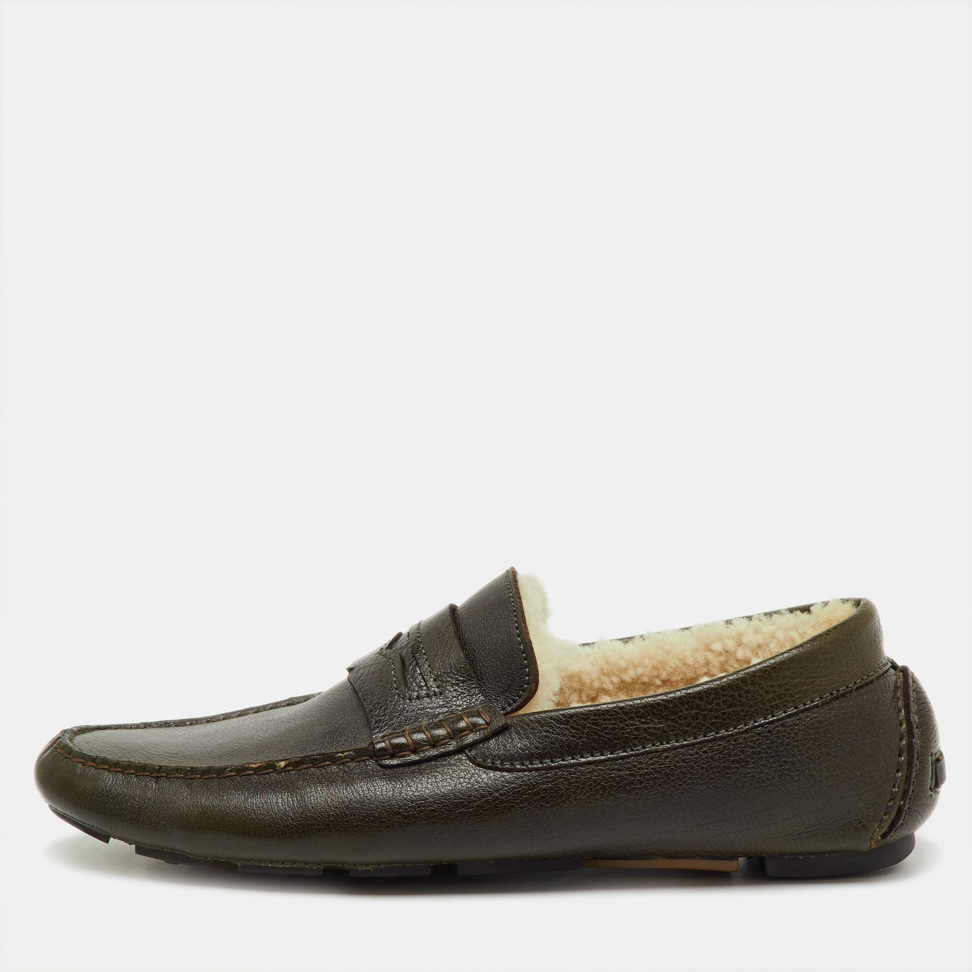 

Dolce & Gabbana Olive Green Leather Shearling Fur Slip On Loafers Size