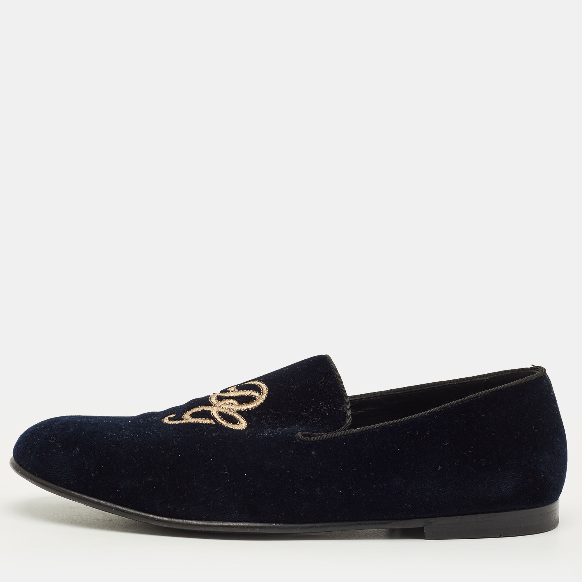 

Dolce & Gabbana Size 43 Navy Blue Velvet DG Logo Slip On Loafers
