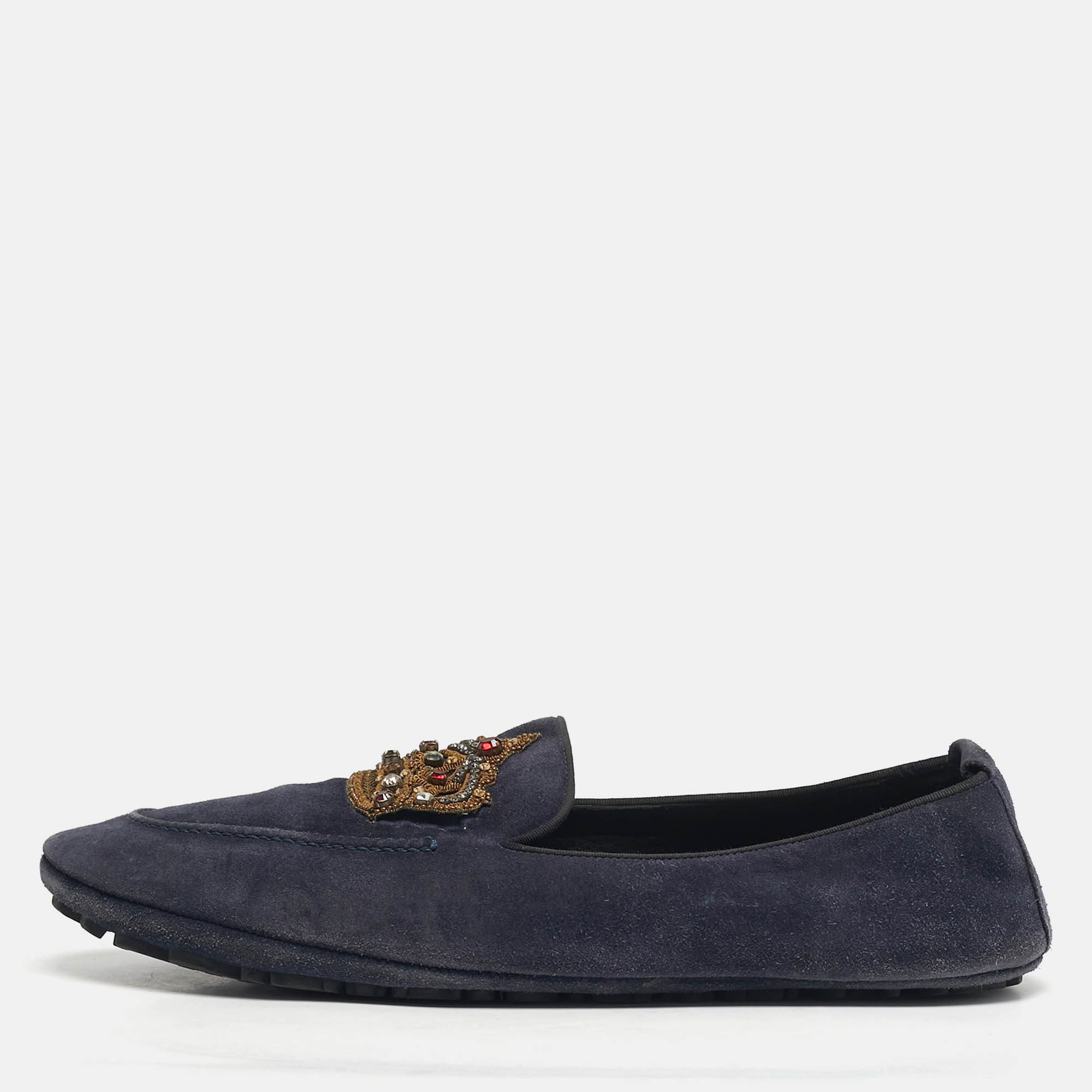 

Dolce & Gabbana Size 43 Navy Blue Suede Crystal Baroque Crown Loafers