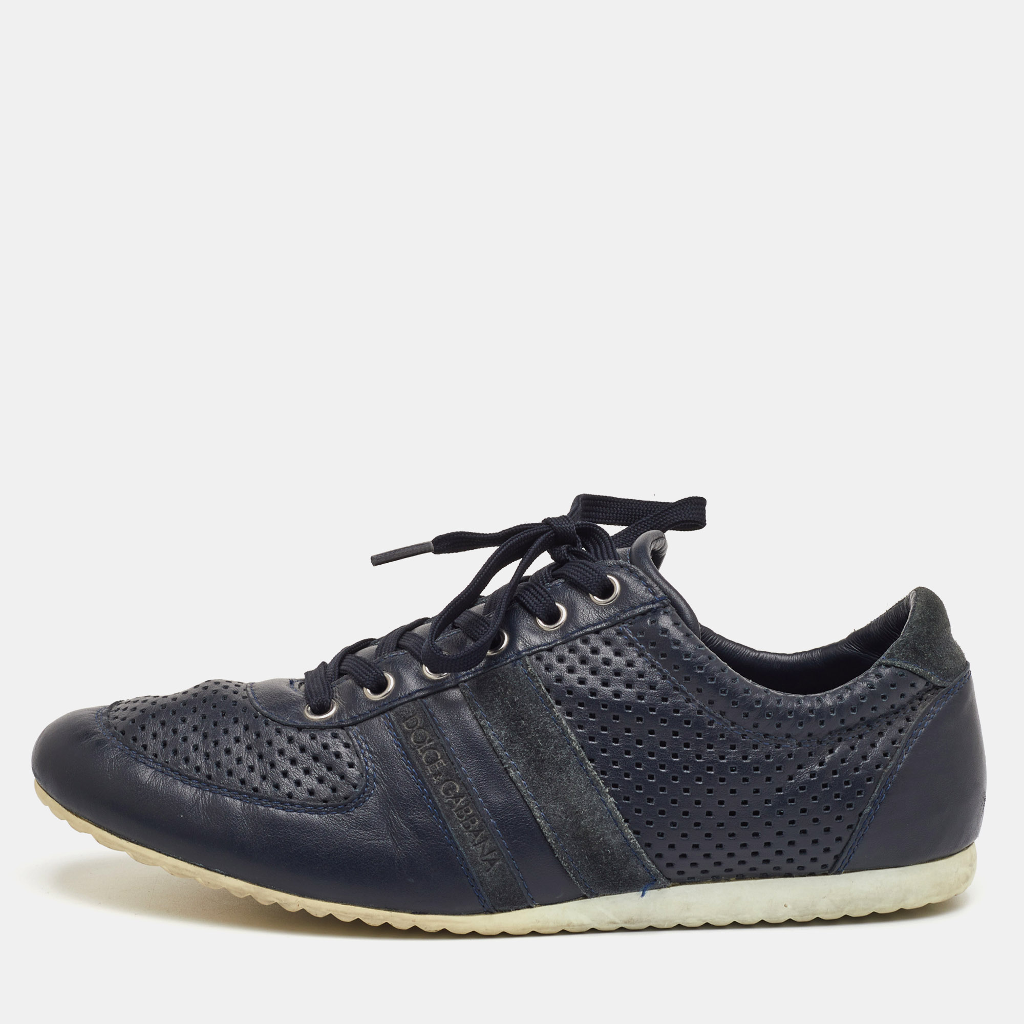 

Dolce & Gabbana Size 42 Navy Blue Perforated Leather and Suede Low Top Sneakers