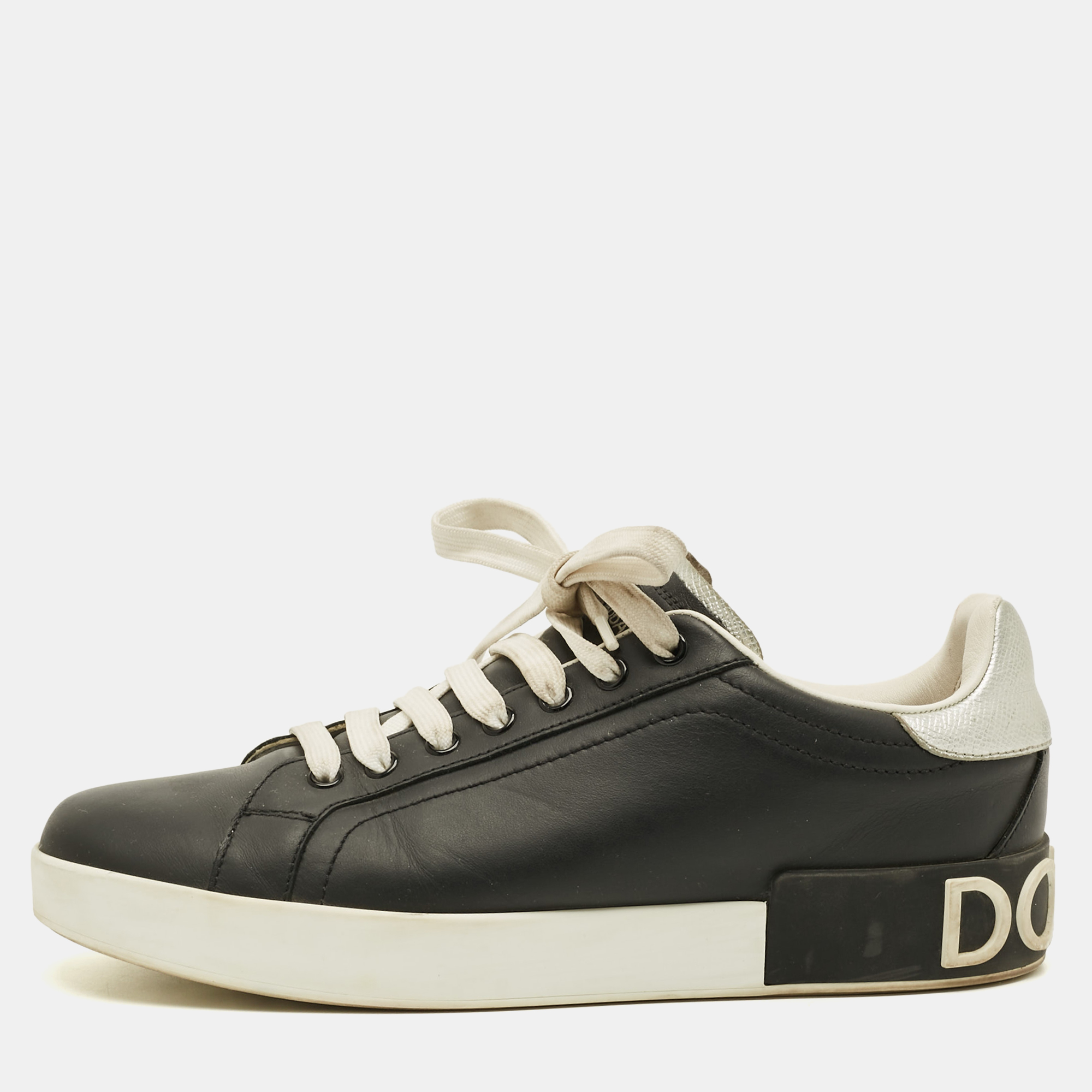 

Dolce & Gabbana Portofino Size  Black/Silver Leather Low Top Sneakers