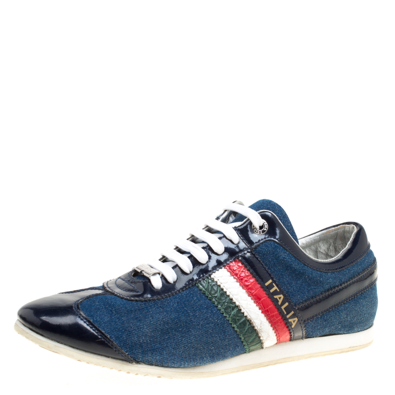 Pre Owned Dolce and Gabbana Blue Denim And Croc Leather Trim Low Top Sneakers Size 43.5