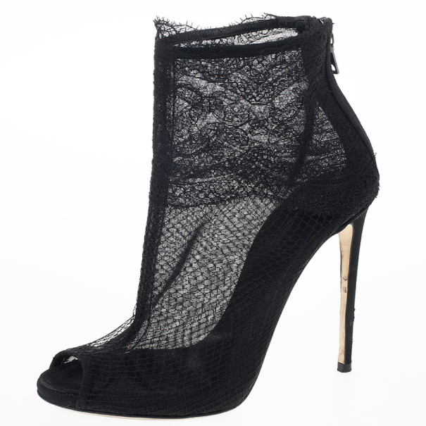 مملوكة مسبقًا Dolce and Gabbana Black Lace Peep Toe Ankle Booties Size 37