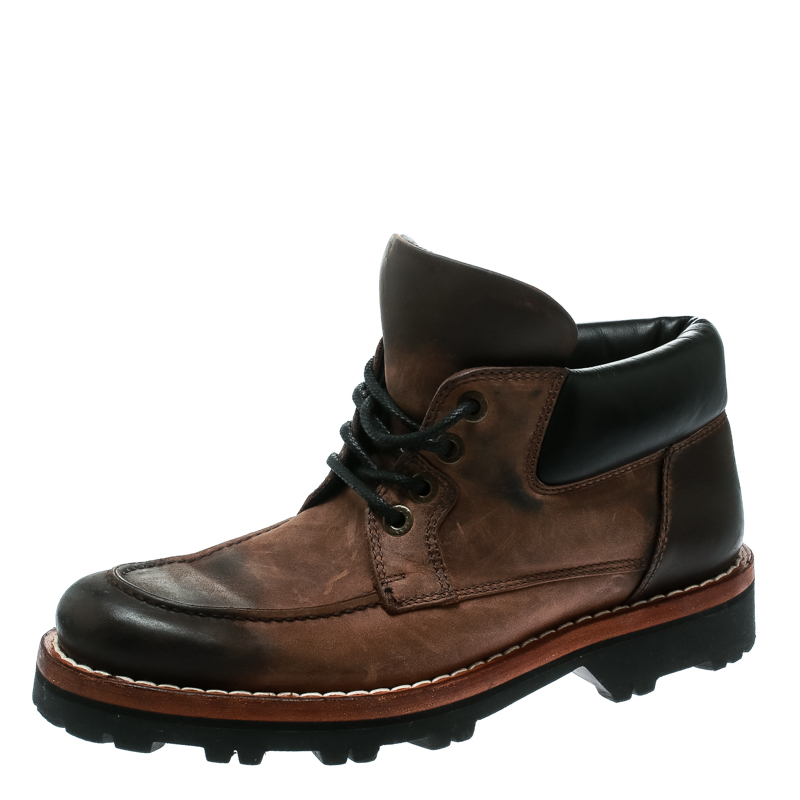 Dolce and Gabbana Brown Textured Suede With Black Leather Lace Up Boots Size 40