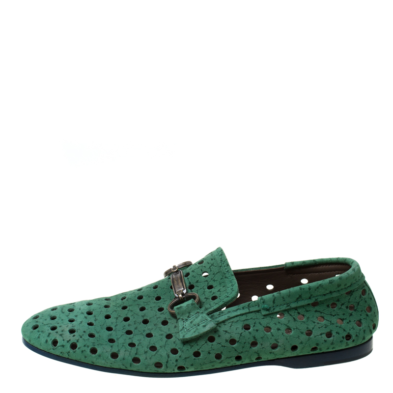 

Dolce & Gabbana Green Perforated Nubuck Slip On Loafers Size