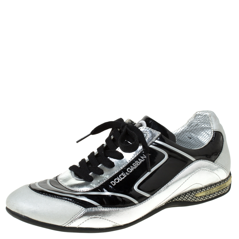 Pre Owned Dolce And Gabbana Grey/Black Patent Leather and Fabric Lace Up Low Top Sneakers Size 43