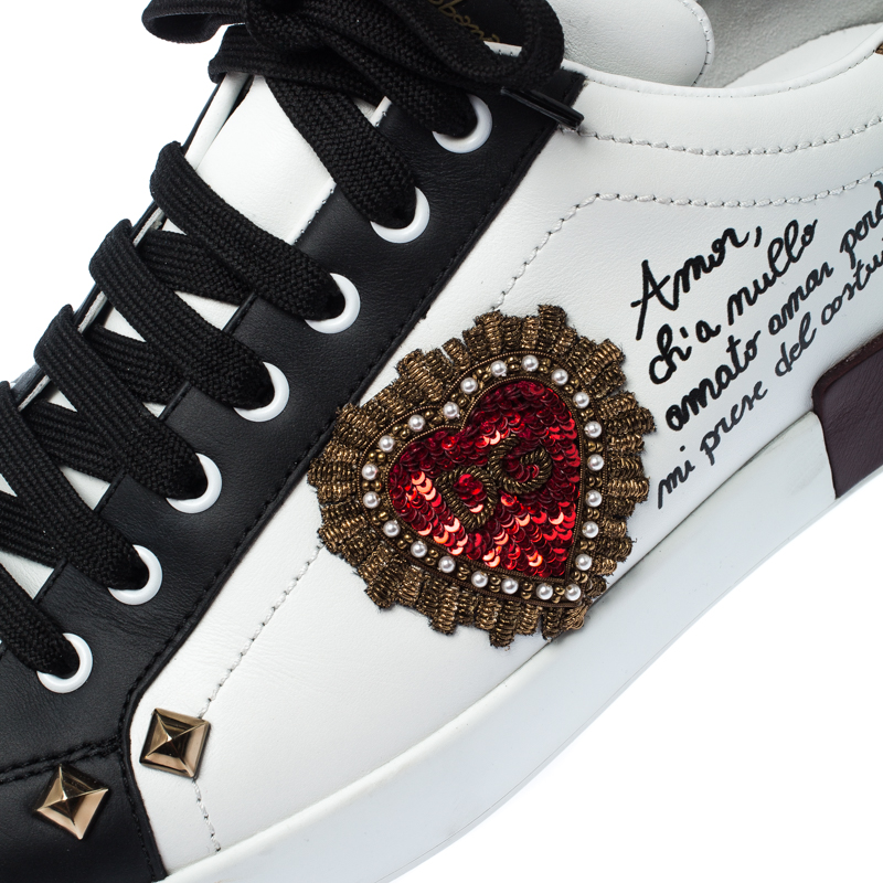 Dolce And Gabbana White Leather Heart Patch Embellished Lace Up Sneakers Size 44 Dolce And 9185