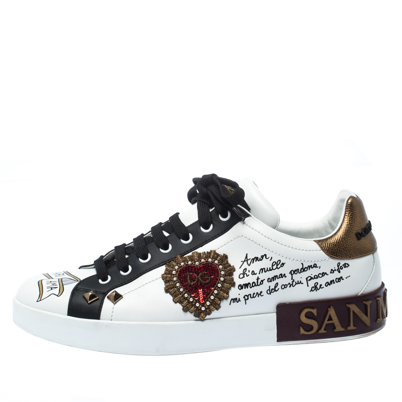 Dolce and Gabbana White Leather Heart Patch Embellished Lace Up ...