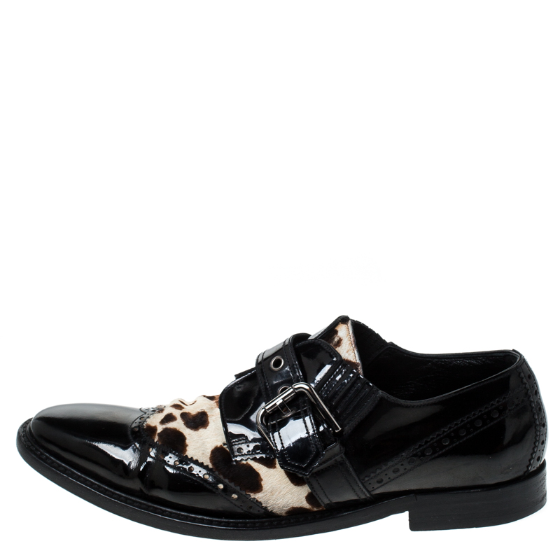 

Dolce & Gabbana Black Patent Leather And Leopard Print Pony Hair Monk Strap Derby Size