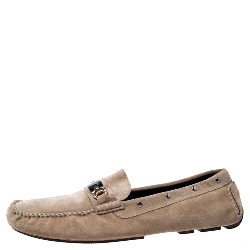 

Dolce and Gabbana Beige Suede Metal Logo Slip On Loafers Size