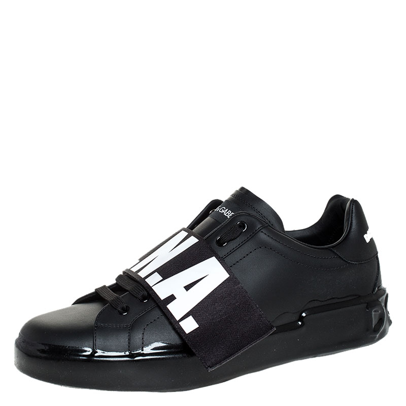 Dolce and Gabbana Black Elastic Logo Leather Melt Portofino Sneakers Size 44