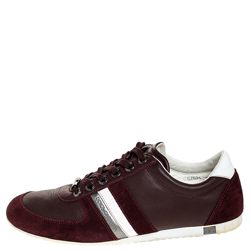 Pre-owned Dolce & Gabbana Burgundy Leather And Suede Metal Logo Trainers Size 43.5