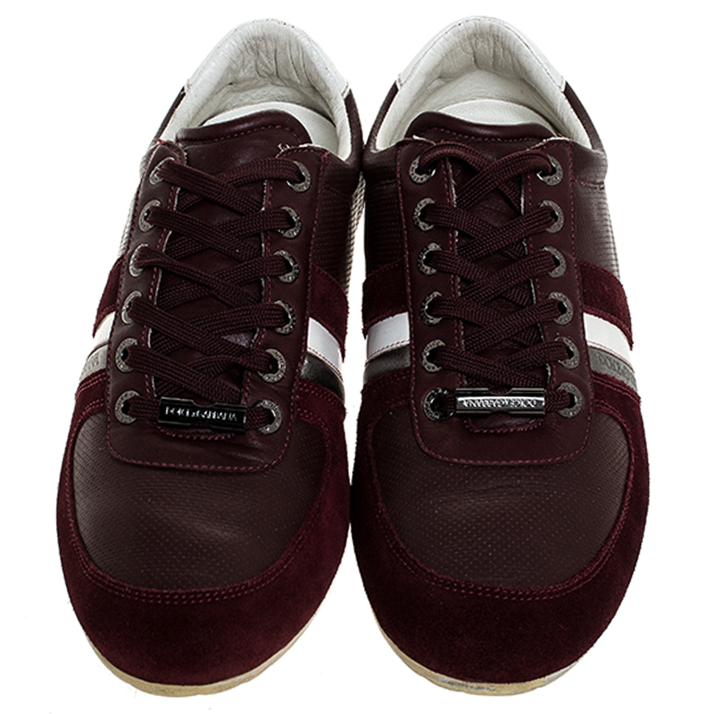 Pre-owned Dolce & Gabbana Burgundy Leather And Suede Metal Logo Trainers Size 43.5