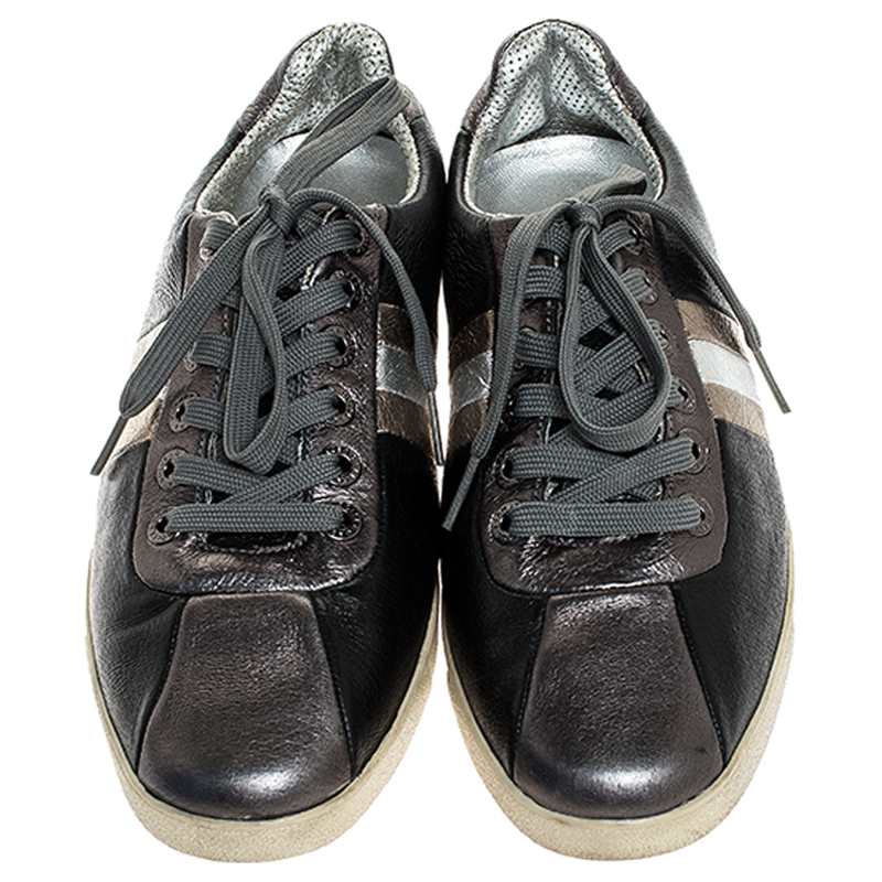 Pre-owned Dolce & Gabbana Metallic Black/grey Leather Striped Lace Up Sneakers Size 40