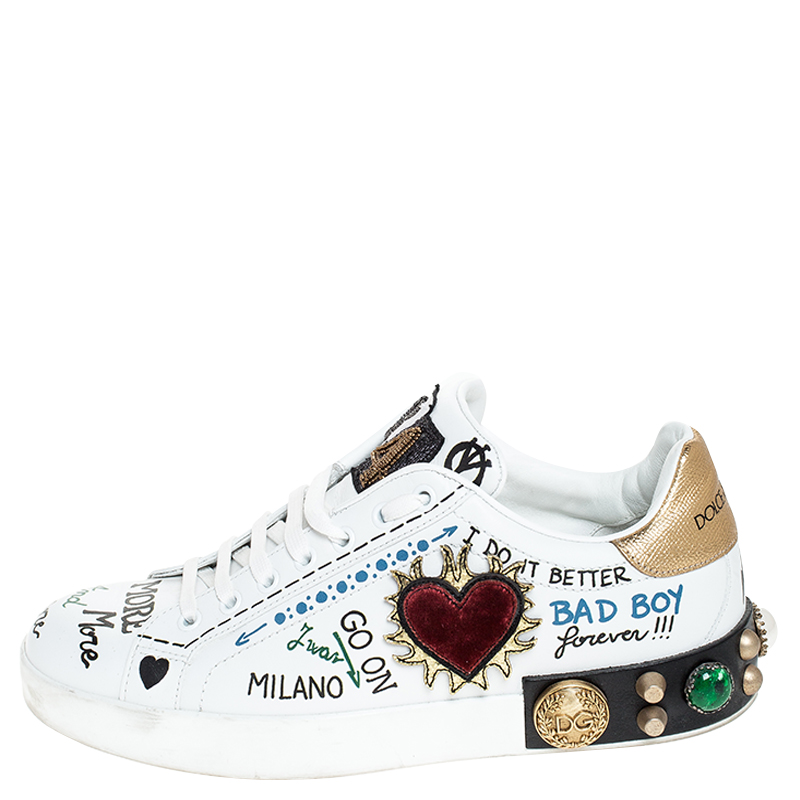 

Dolce and Gabbana White Leather Portofino Graffiti Heart Applique Low Top Sneakers Size