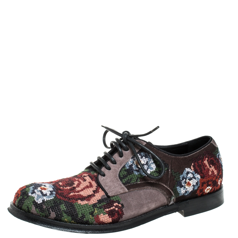 Pre Owned Dolce & Gabbana Multicolor Cross-stitched Rose Suede And Velvet Derby Size 41