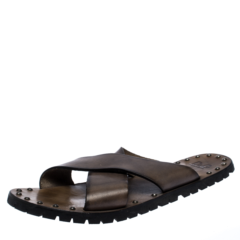 Dolce And Gabbana Grey Leather Studded Cross Strap Slide Sandals Size 45