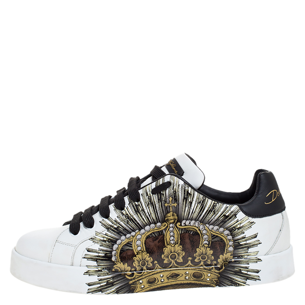 

Dolce and Gabbana White/Black Crown Print Leather Portofino Low Top Sneakers Size