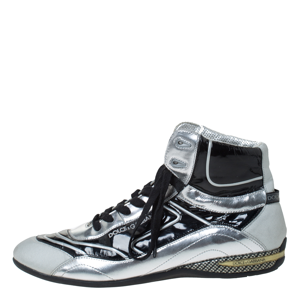 

Dolce & Gabbana Silver/Black Leather, Canvas and Patent High Top Sneakers Size