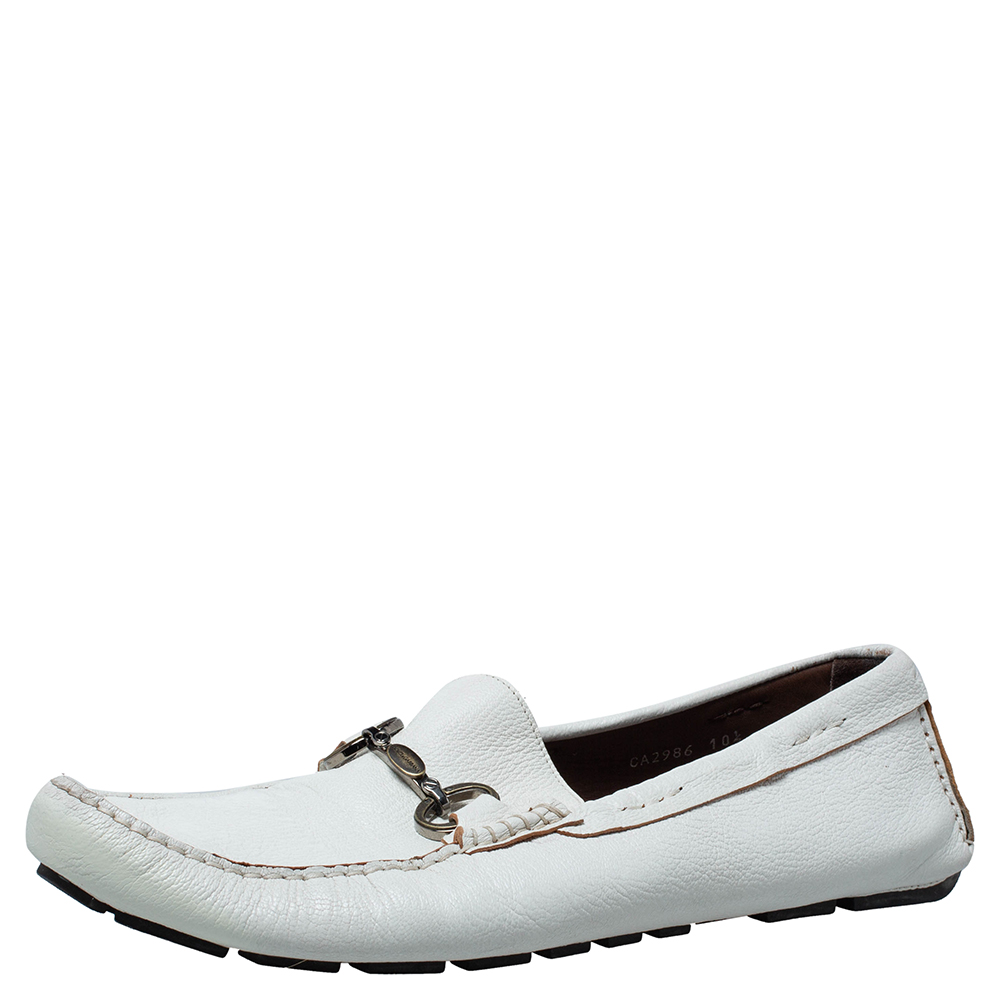 Pre Owned Dolce & Gabbana White Leather Driving Horsebit Slip On Loafers Size 44.5 