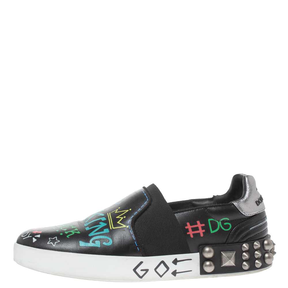 

Dolce & Gabbana Black Leather Portofino Embellished Low Top Sneakers Size