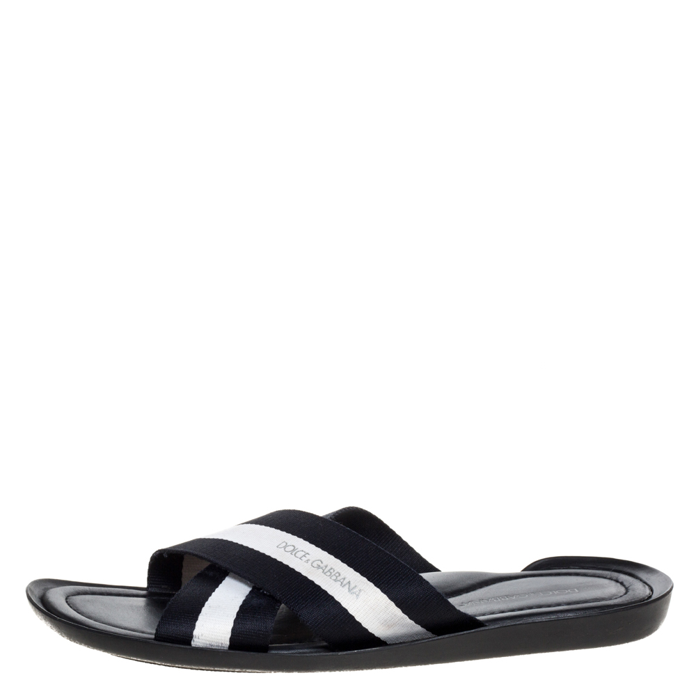 

Dolce & Gabbana Black/White Canvas Cross Strap Flat Slides Size
