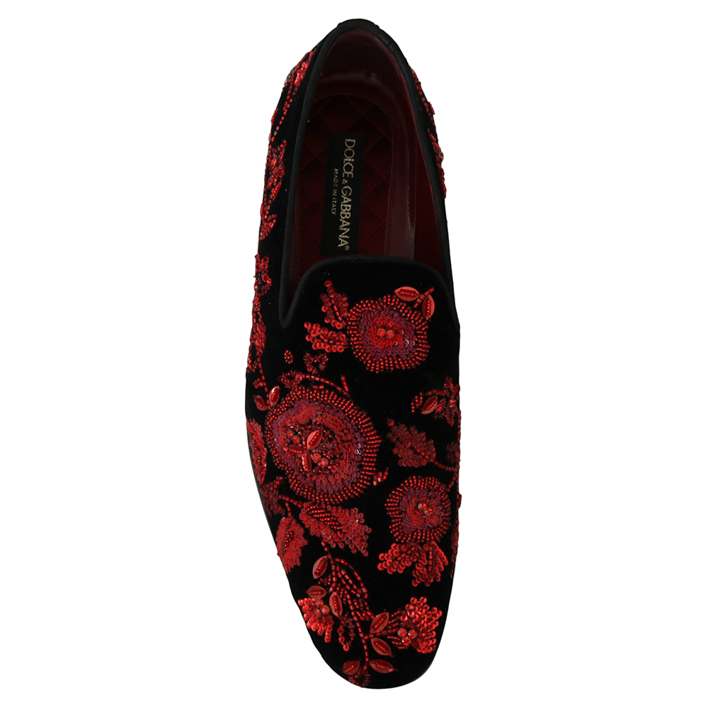 

Dolce & Gabbana Black Velvet Red Flowers Loafers Size