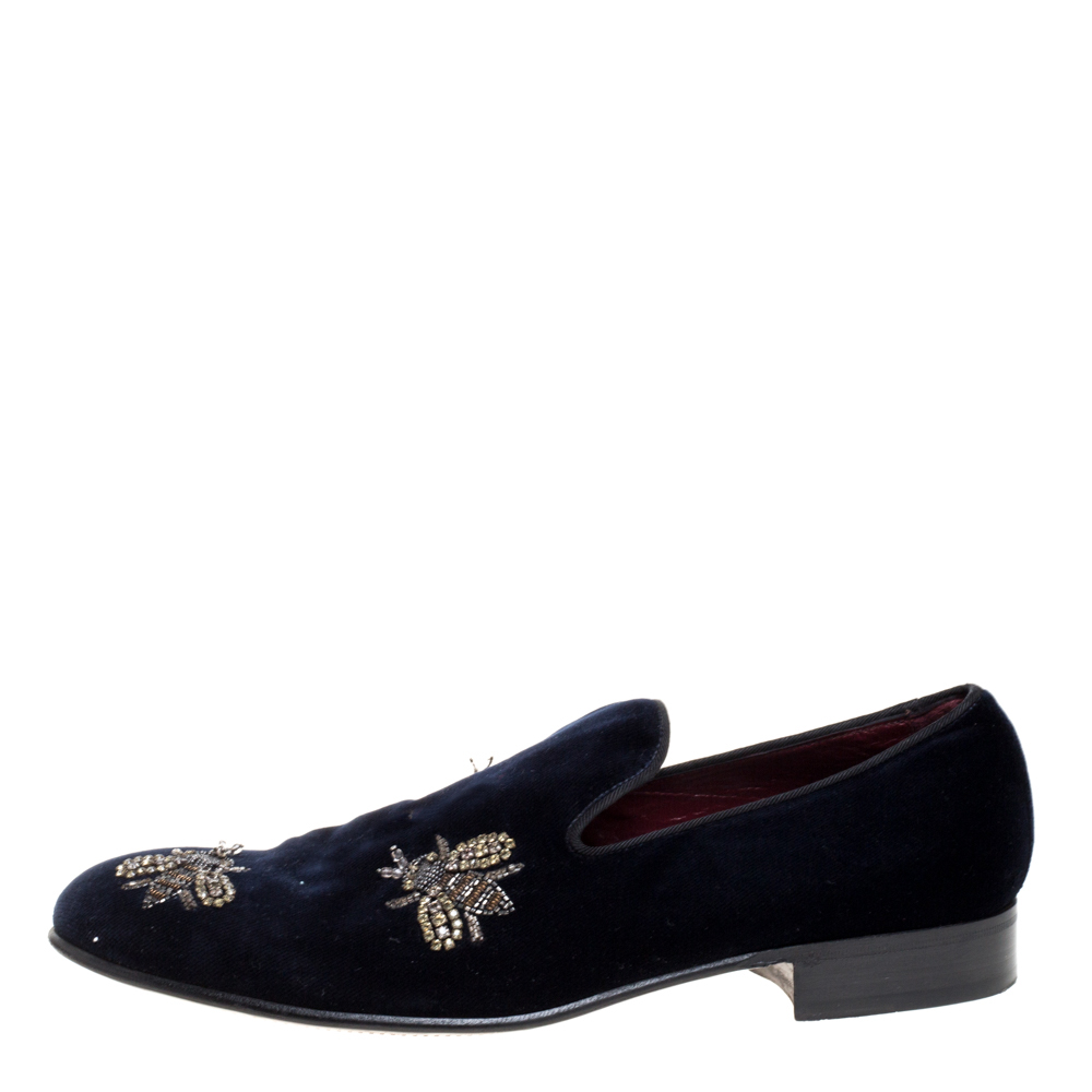 

Dolce and Gabbana Navy Blue Velvet Bee Embellished Smoking Slippers Size