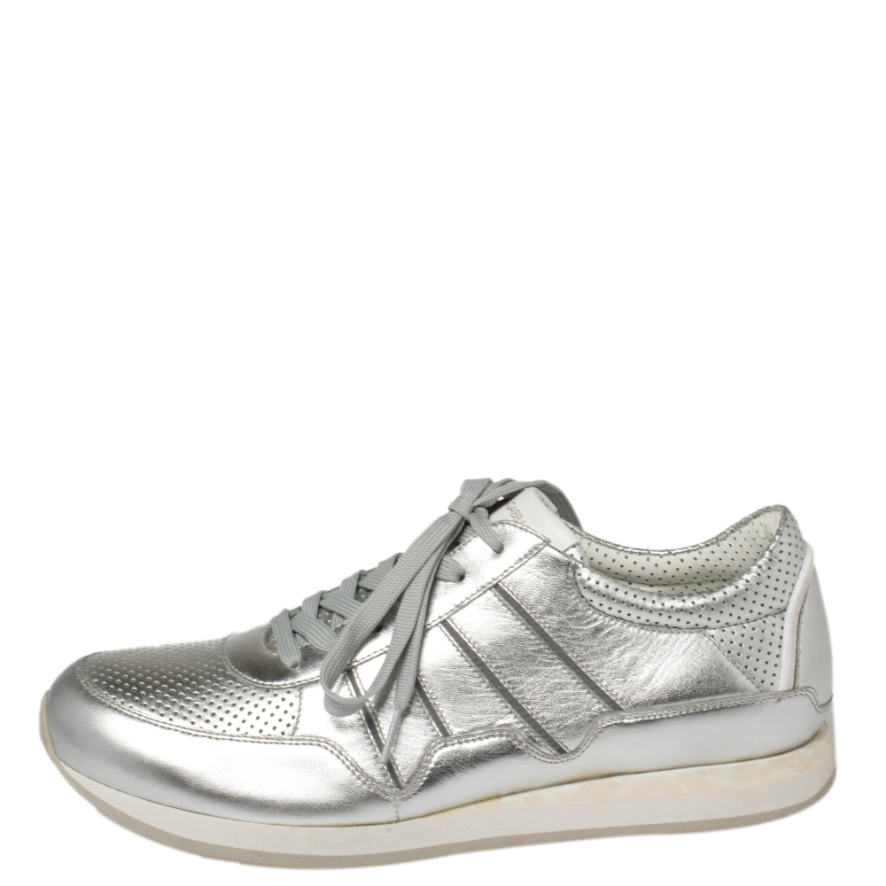 

Dolce & Gabbana Metallic Silver Perforated Leather Lace Up Low Top Sneakers Size