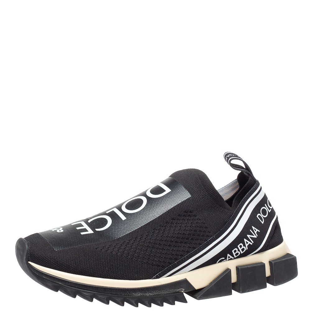 Pre Owned  Dolce & Gabbana White/Black Stretch Fabric Logo Sorrento Slip On Sneakers Size 42