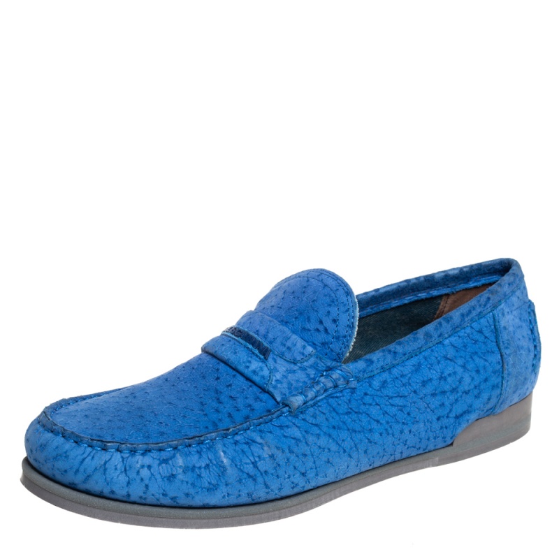 Pre-owned Dolce & Gabbana Blue Textured Suede Genova Slip On Loafers Size 43