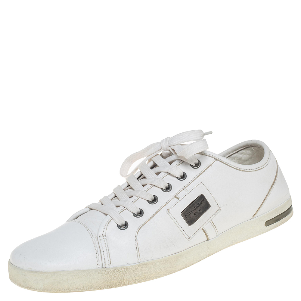 Pre-owned Dolce & Gabbana White Leather Low Top Trainers Size 42.5