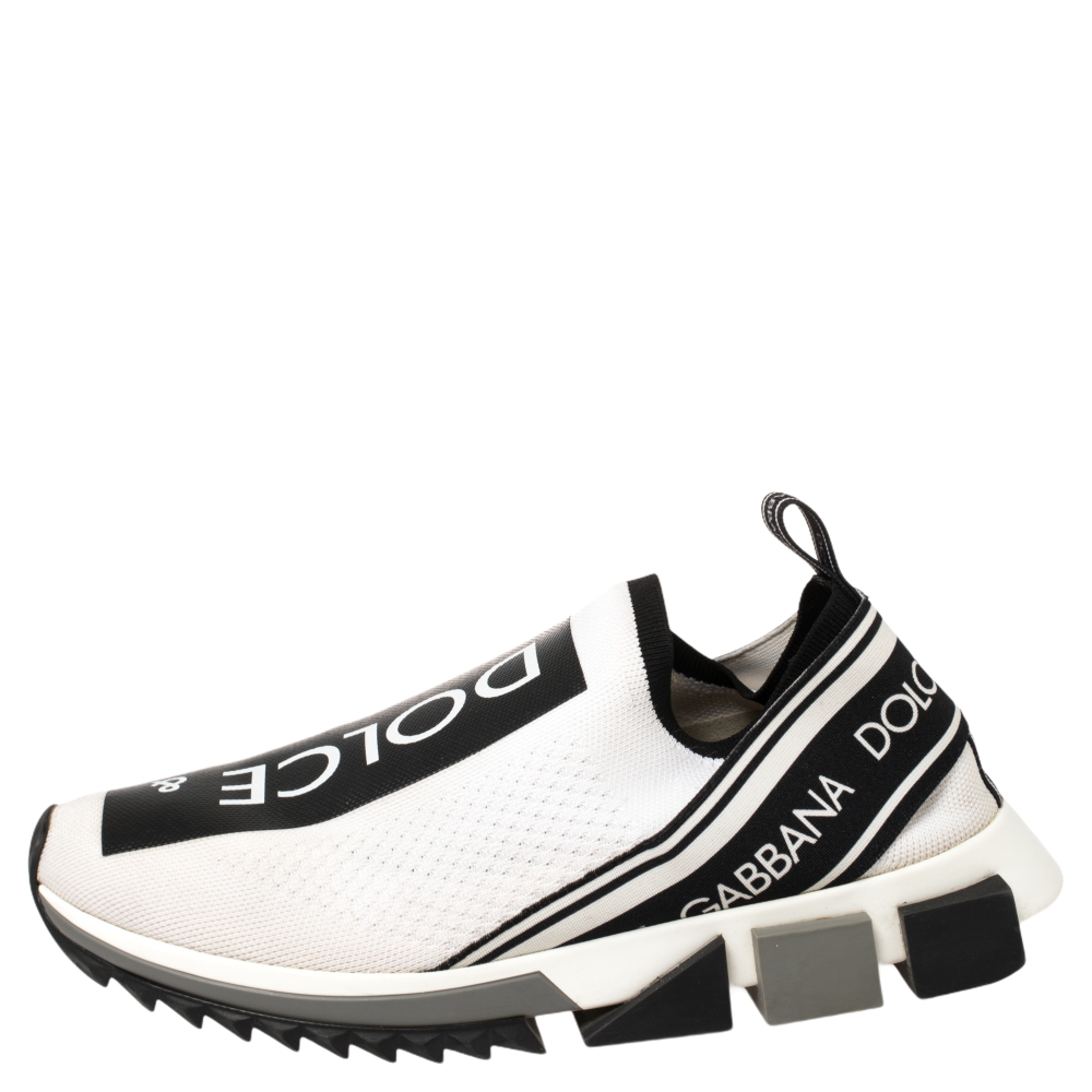 

Dolce & Gabbana White/Black Stretch Fabric Logo Sorrento Slip On Sneakers Size