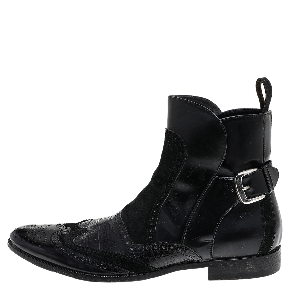 

Dolce & Gabbana Black Alligator Embossed Leather, Leather And Suede Ankle Boots Size