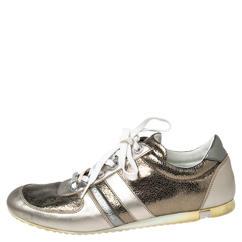 

Dolce & Gabbana Metallic Grey Leather Logo Plaque Low Top Sneakers Size