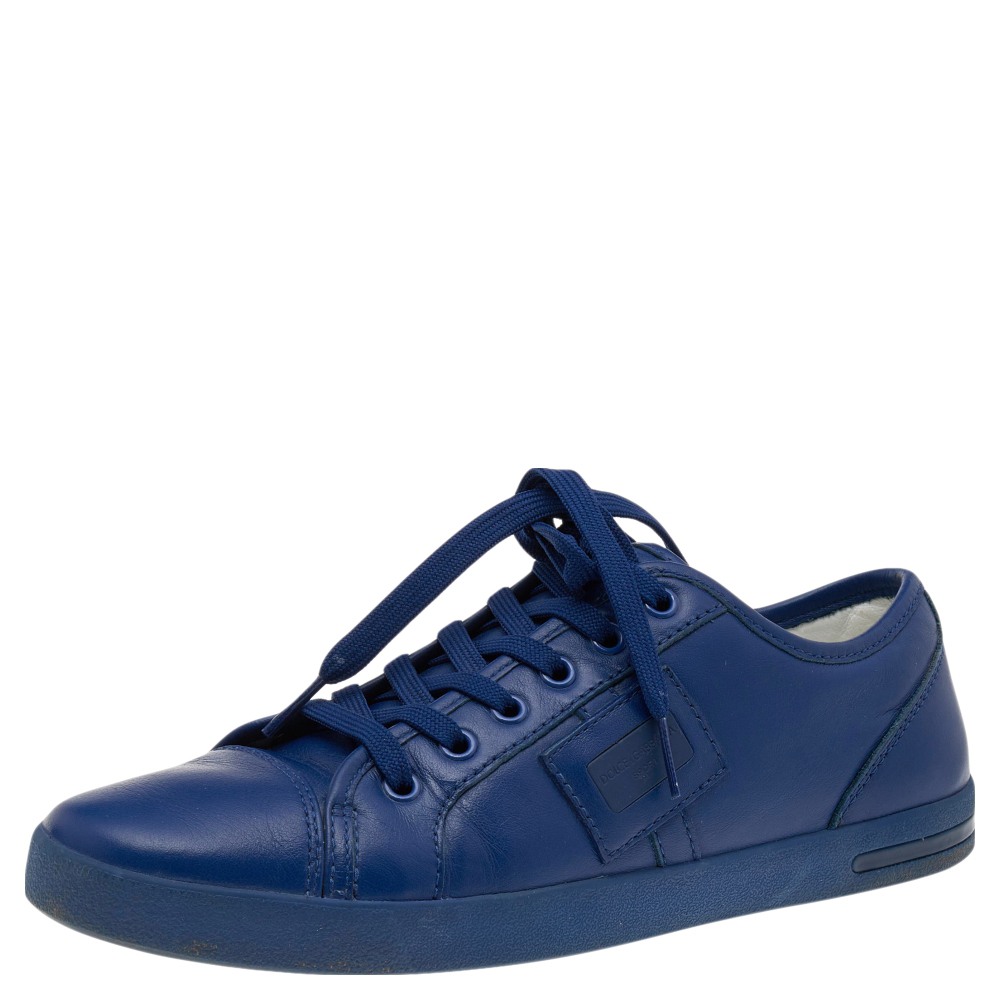 

Dolce & Gabbana Blue Leather Logo Plaque Low Top Sneakers Size