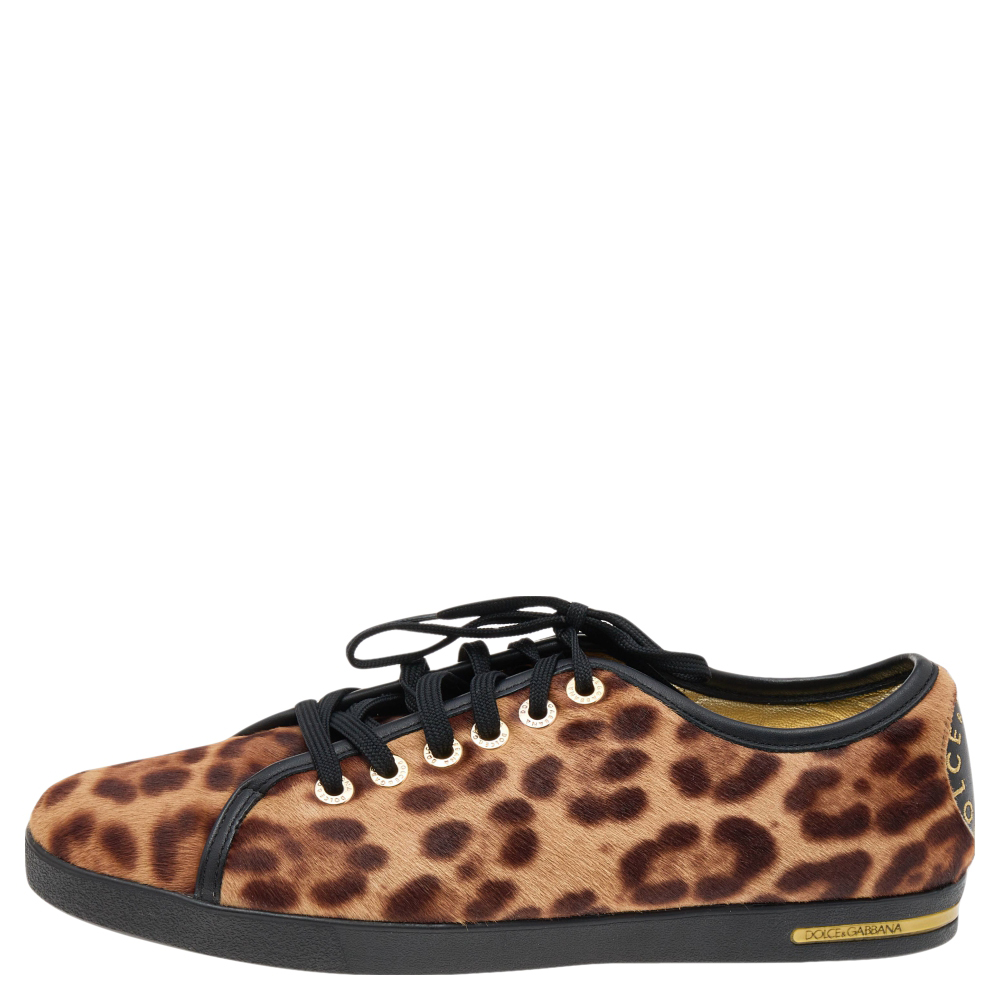 

Dolce & Gabbana Brown Leopard Print Calf Hair Low Top Sneakers Size