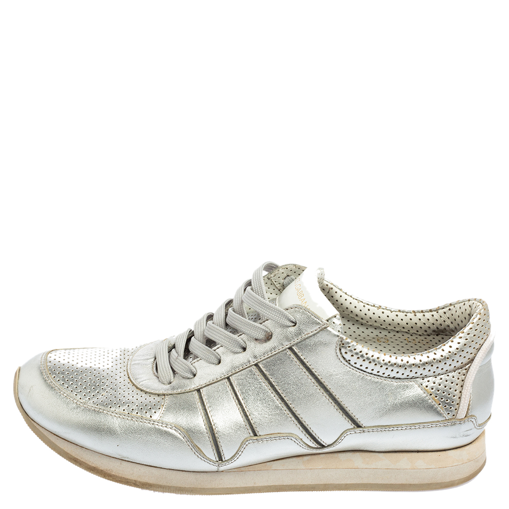 

Dolce & Gabbana Silver Perforated Leather Lace-Up Low-Top Sneakers Size