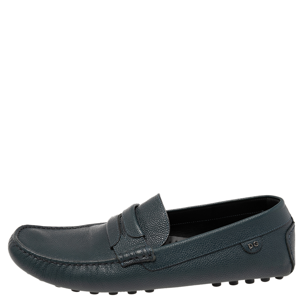 

Dolce & Gabbana Dark Teal Blue Leather Genova Loafers Size