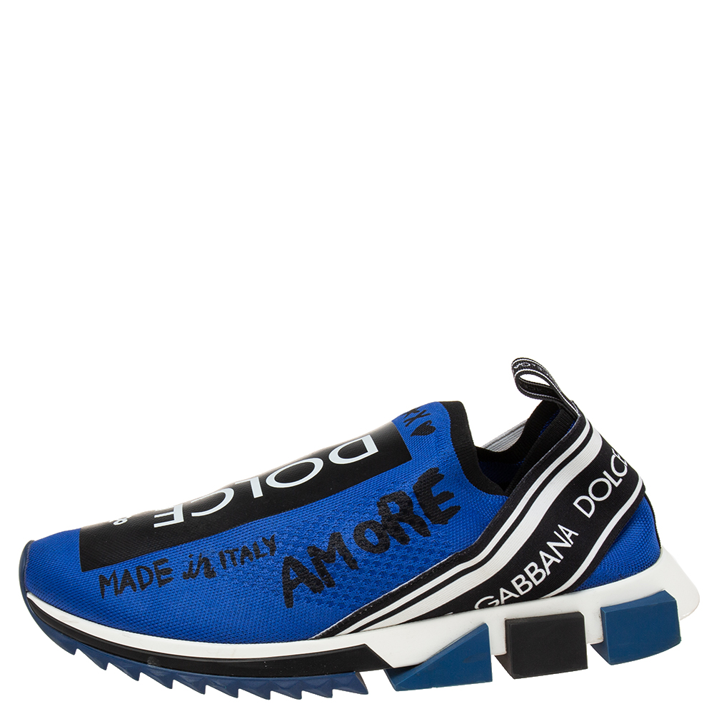

Dolce & Gabbana Blue Knit Fabric Graffiti Sorrento Slip-On Sneakers Size