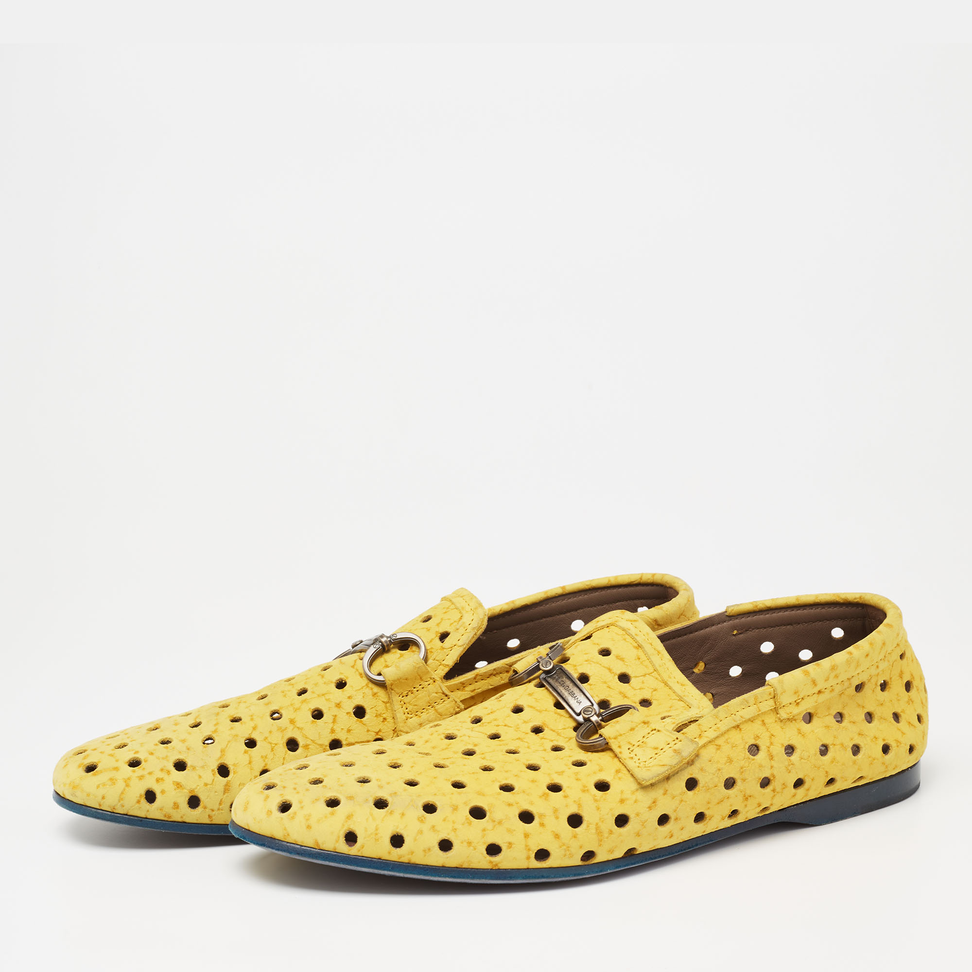 

Dolce & Gabbana Yellow Perforated Nubuck Slip On Loafers Size