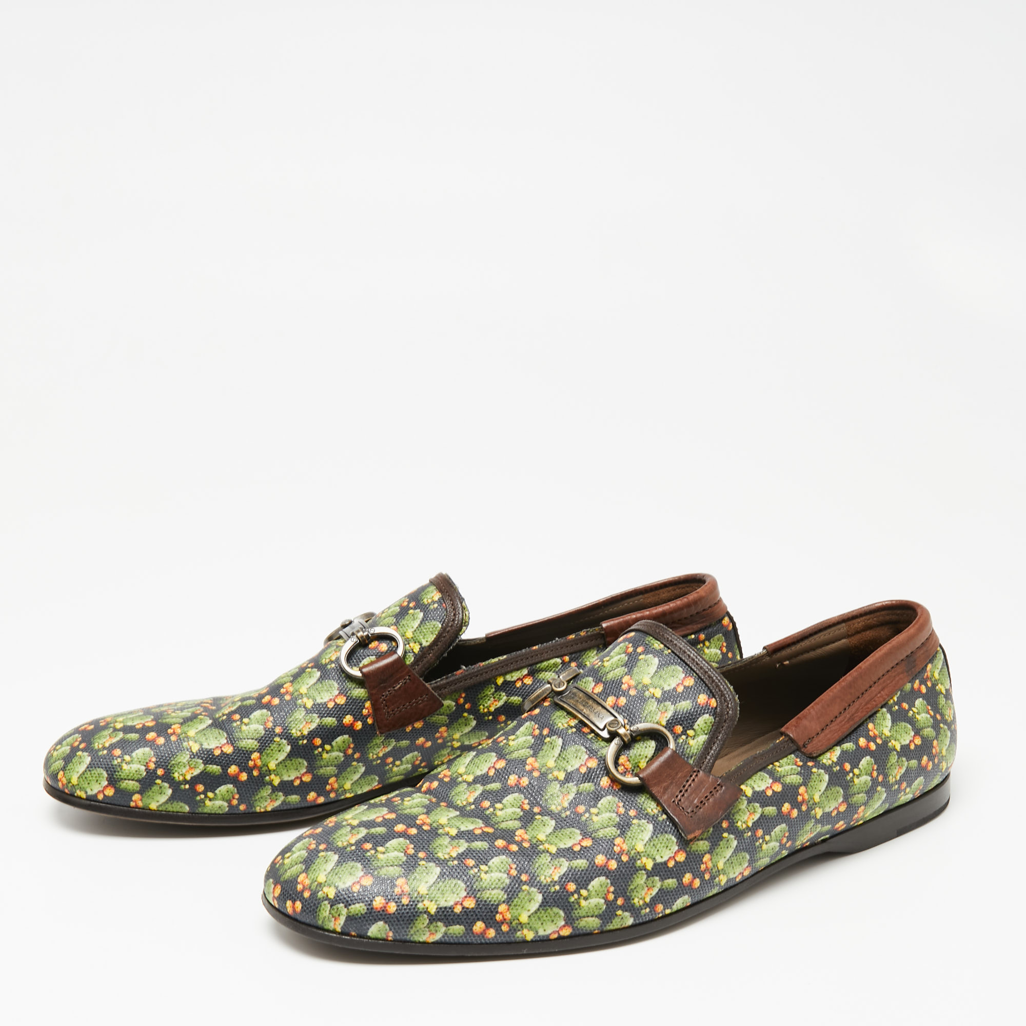 

Dolce & Gabbana Green Cactus Print Canvas and Leather Amalfi Smoking Slippers Size