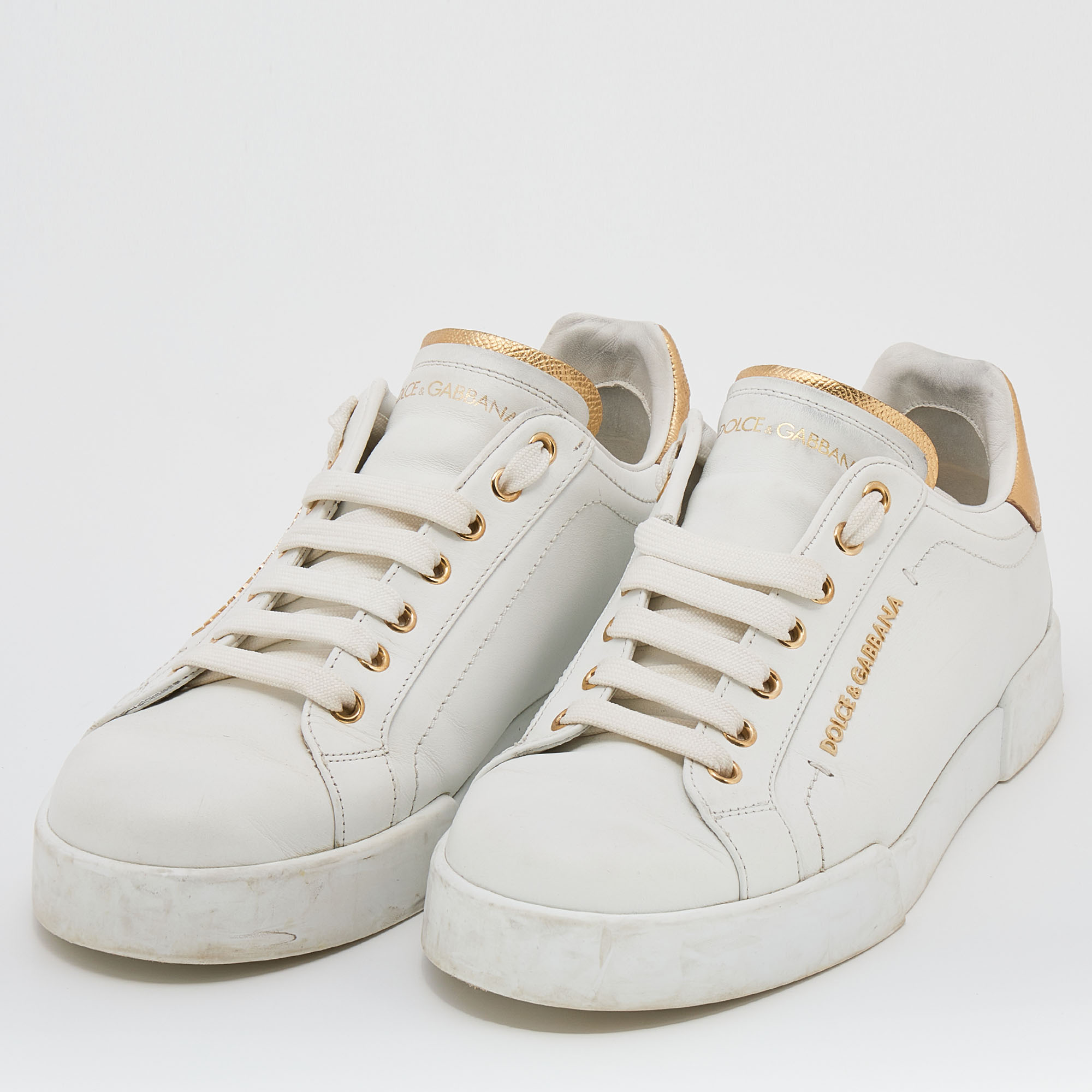 

Dolce & Gabbana White/Gold Leather Portofino Logo Low Top Sneakers Size
