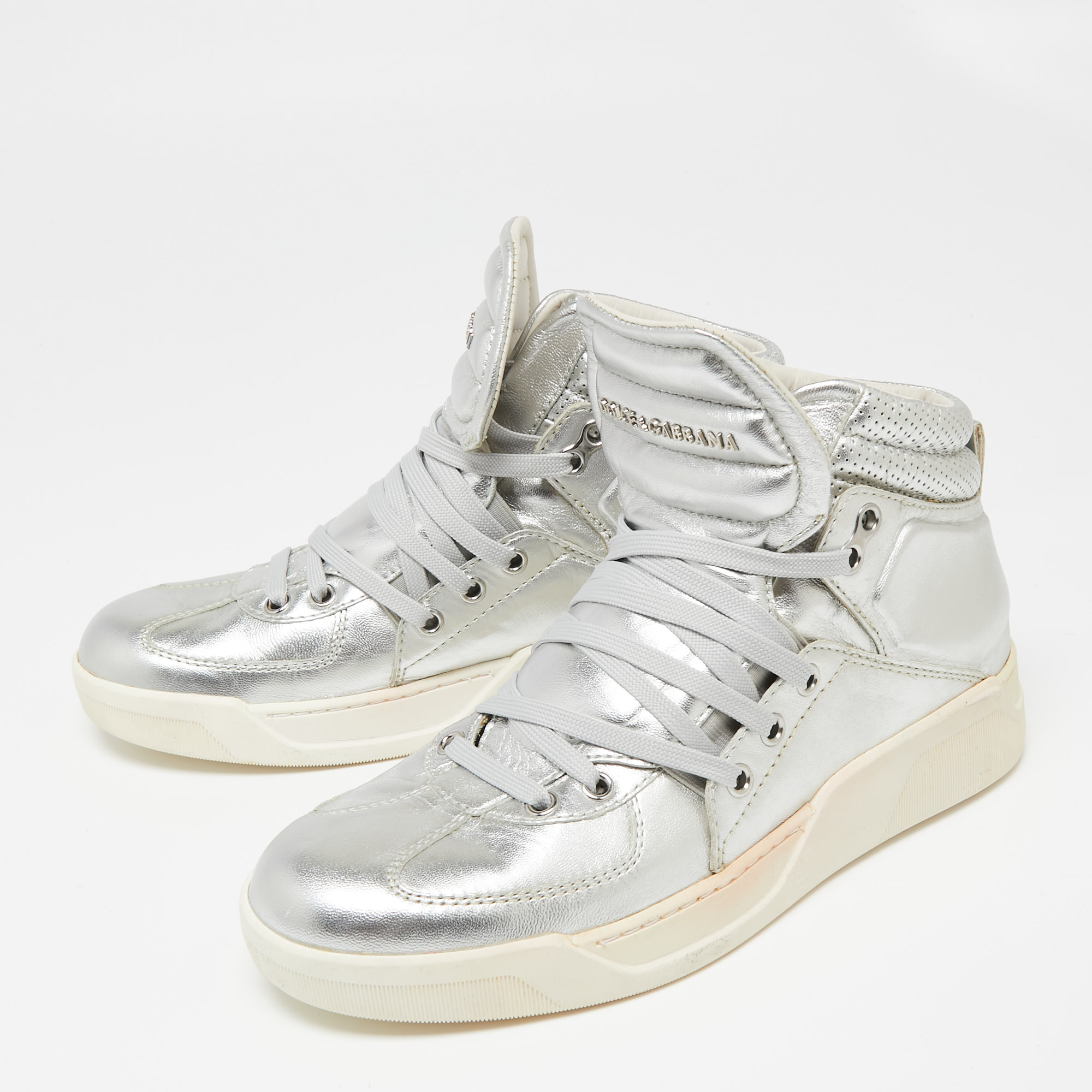 

Dolce & Gabbana Silver Leather Benelux High Top Sneakers Size