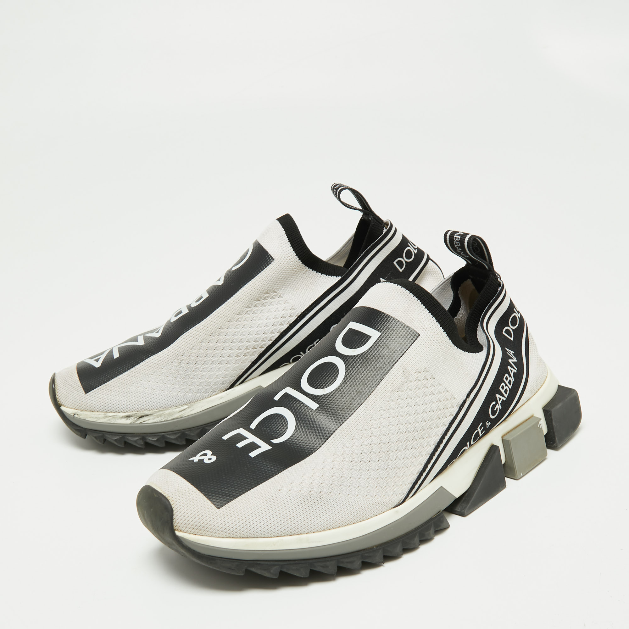 

Dolce & Gabbana White/Black Knit Fabric Logo Sorrento Slip On Sneakers Size